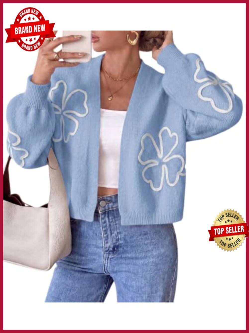 Womens Oversized Floral Knit Cardigan Sweater Balloon Sleeve Fall Layer